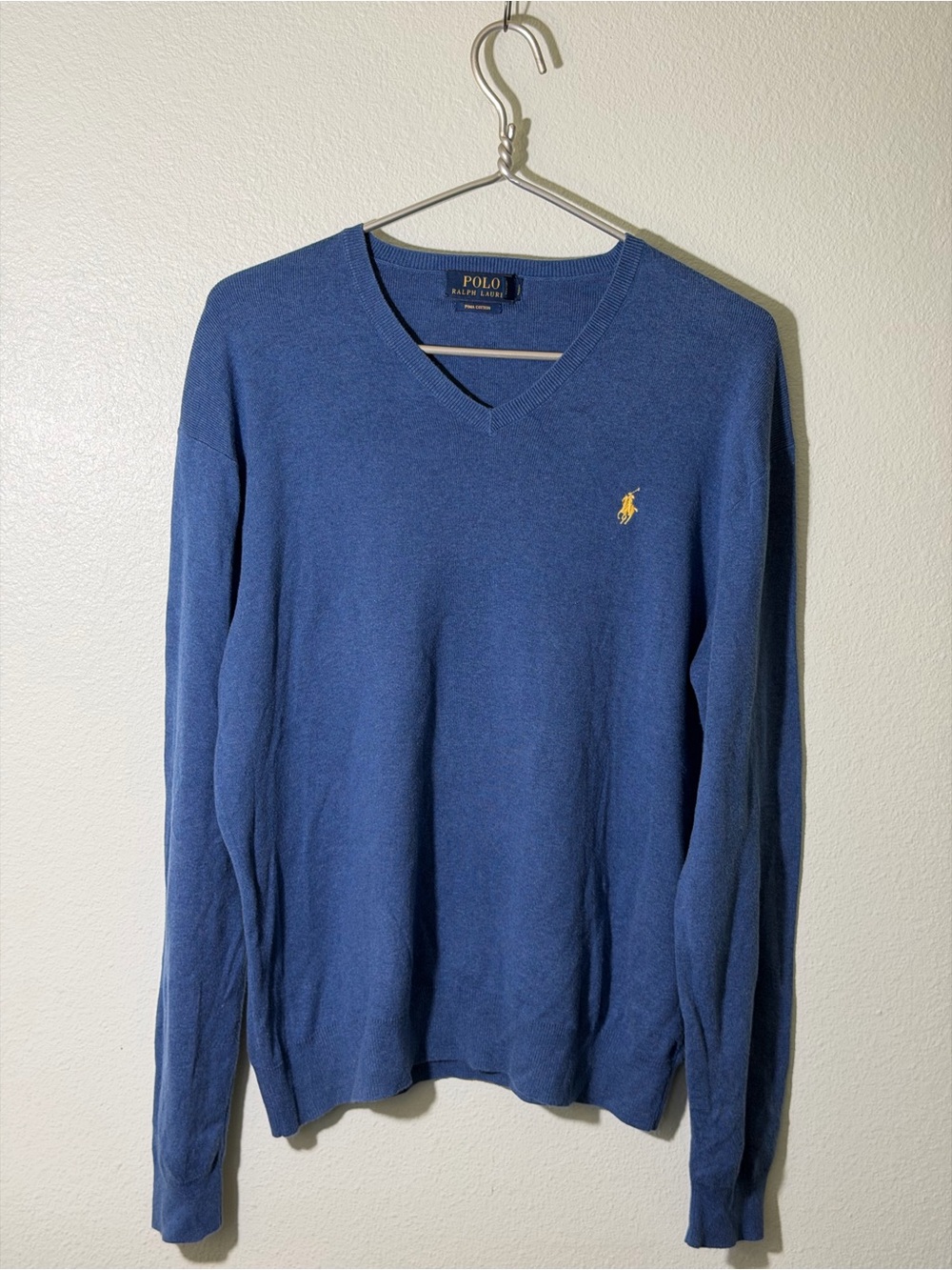 Polo Ralph Lauren Sweater Mens Large Blue Pima Cotton V Neck Logo Pullover Knit